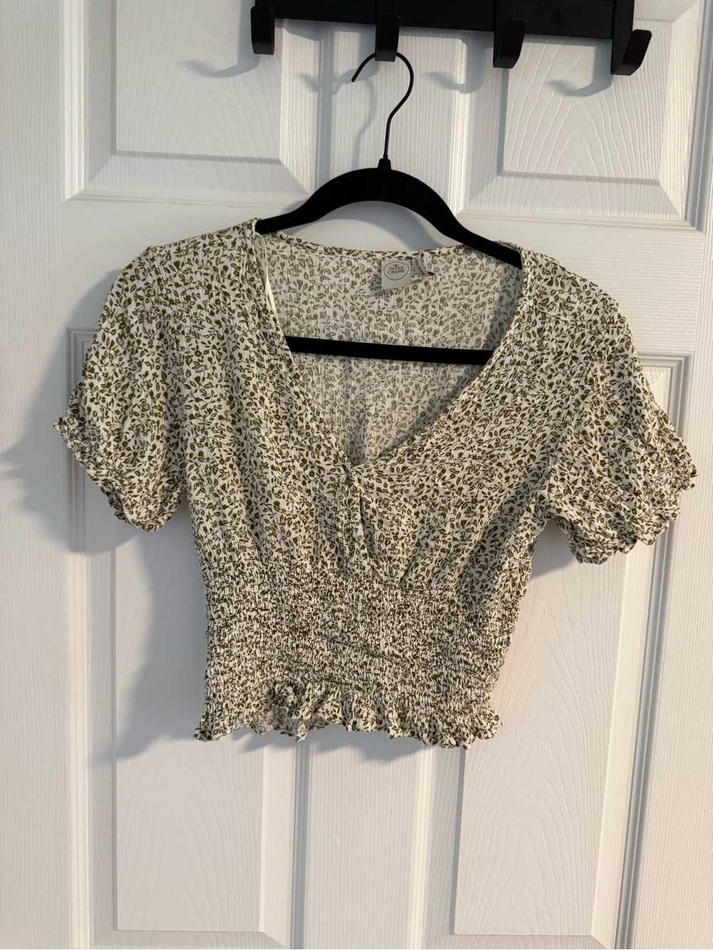 Paper Crane Olive Green Floral Smocked V-Neck Crop Top